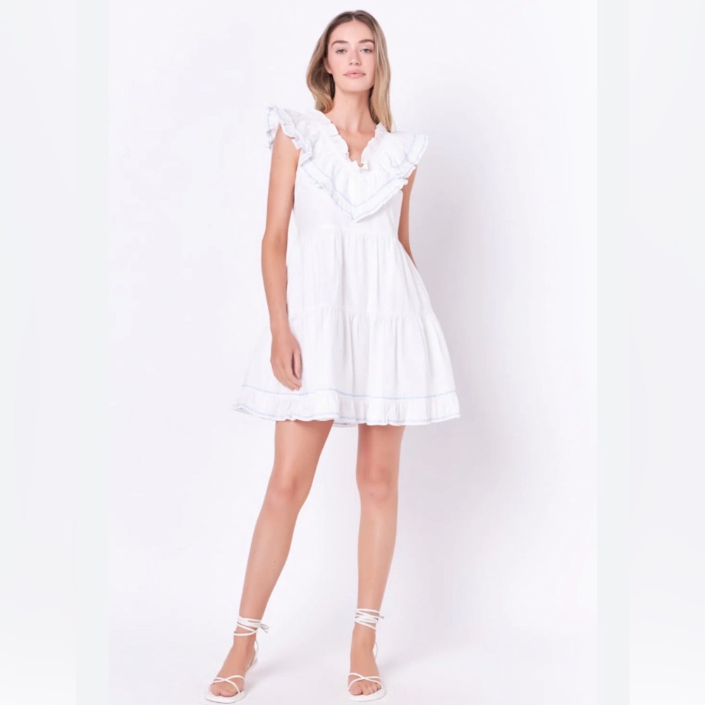 English Factory Contrast Embroidery Ruffled Dress in white with blue embroider